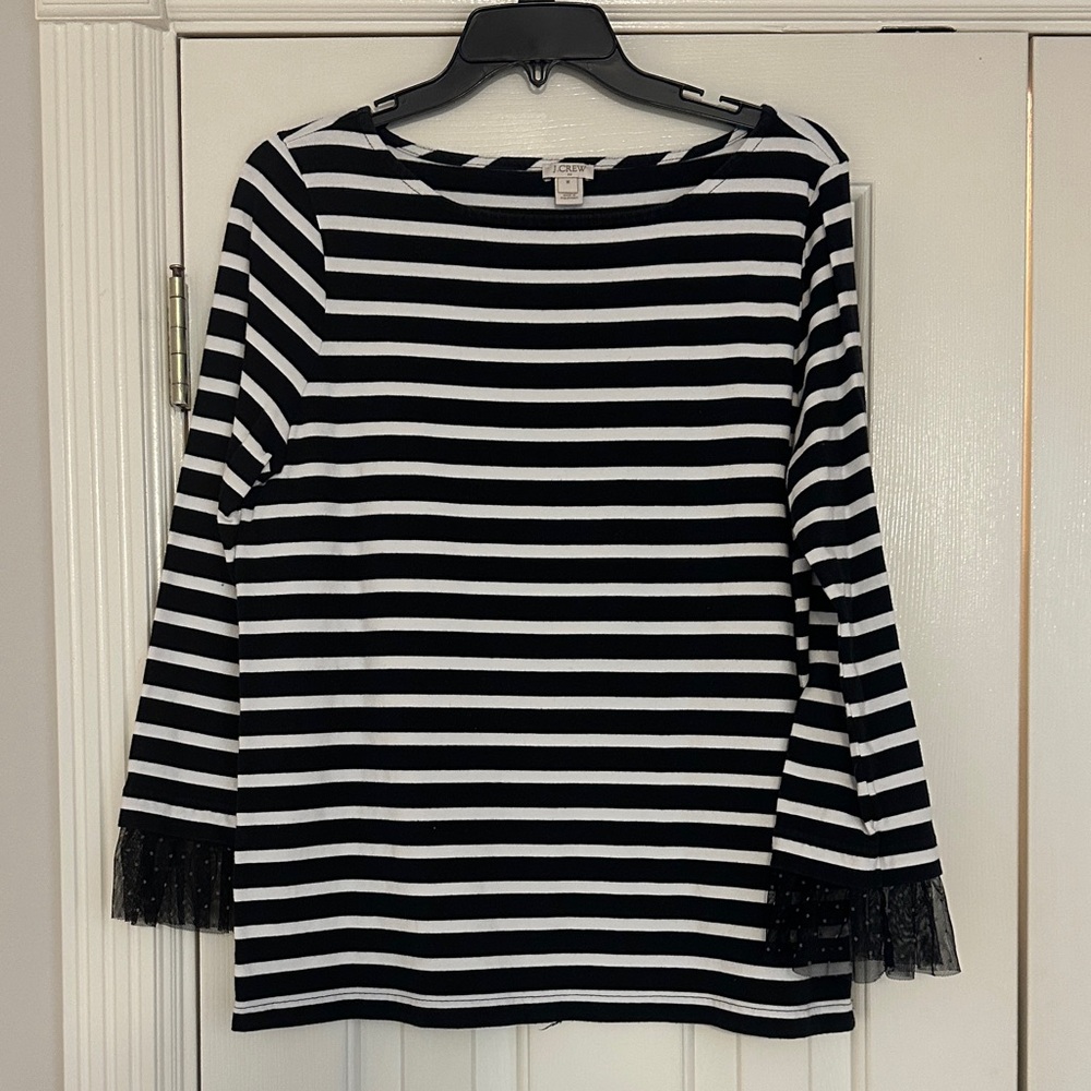 J. Crew Black and White Striped Blouse with Lace Cuffs